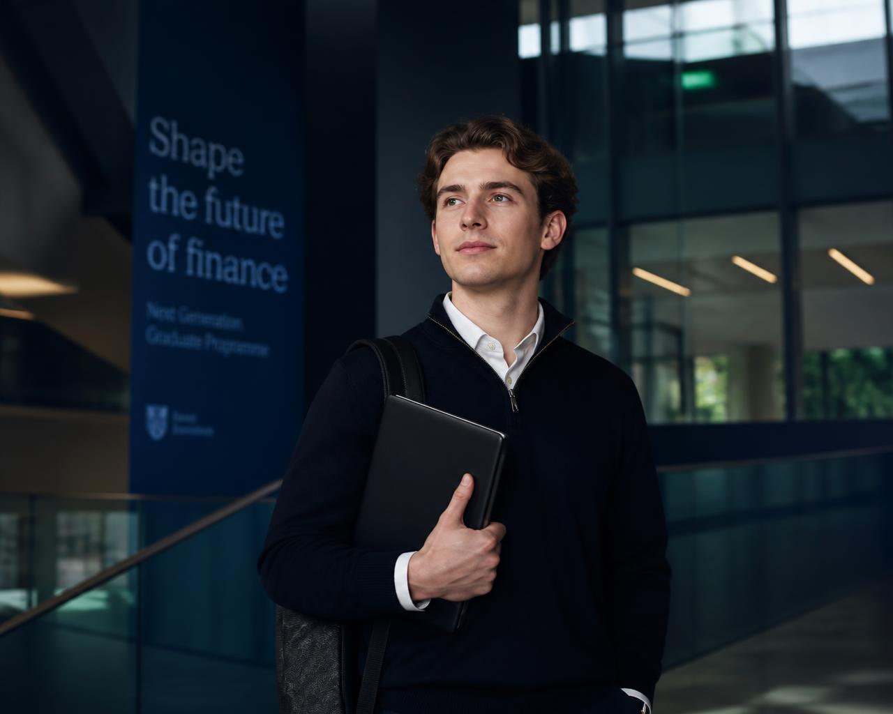 A graduate student holding a laptop in a university atrium